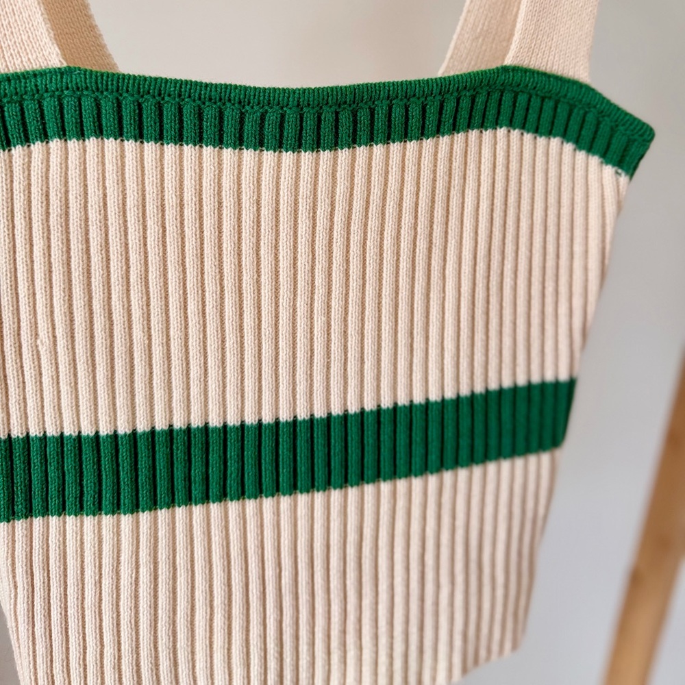 Ribbed Knit Square Neck Striped Tank Top in Cream/Green - S - Picture 2 of 4